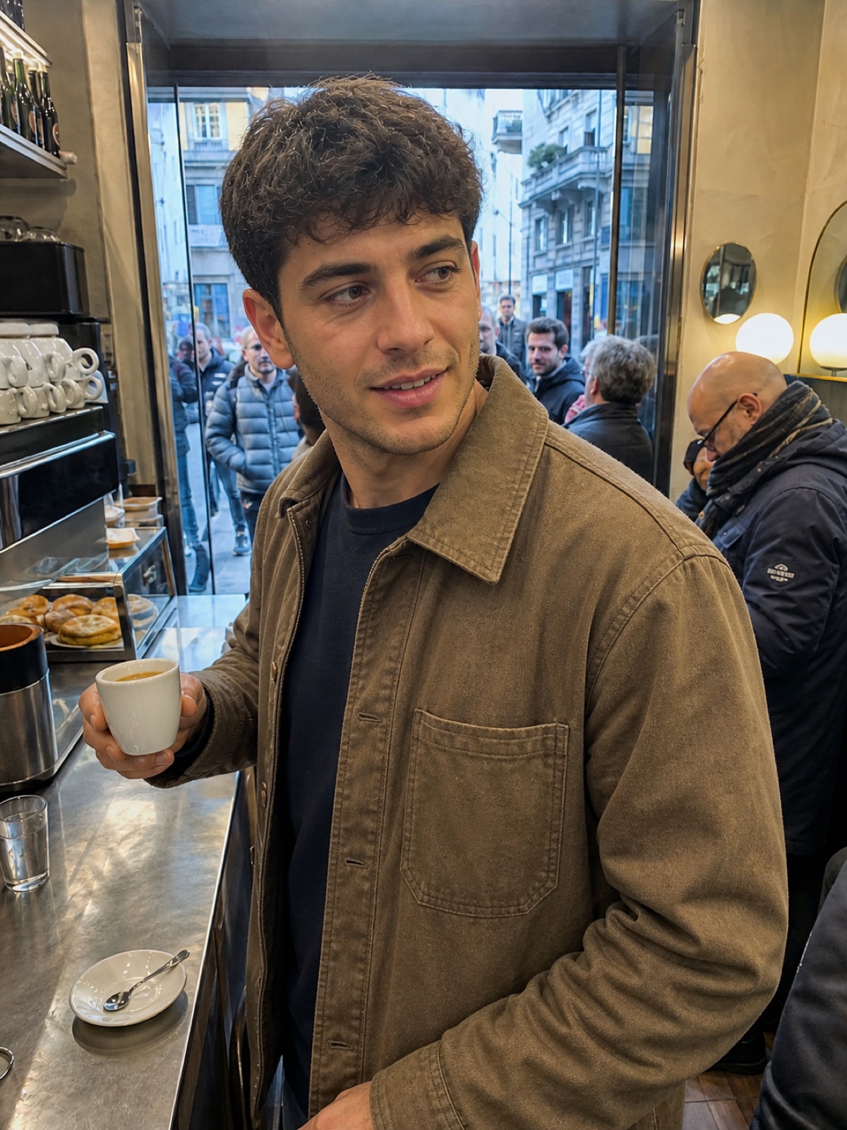 Young Italian man photographed in a Milan espresso bar