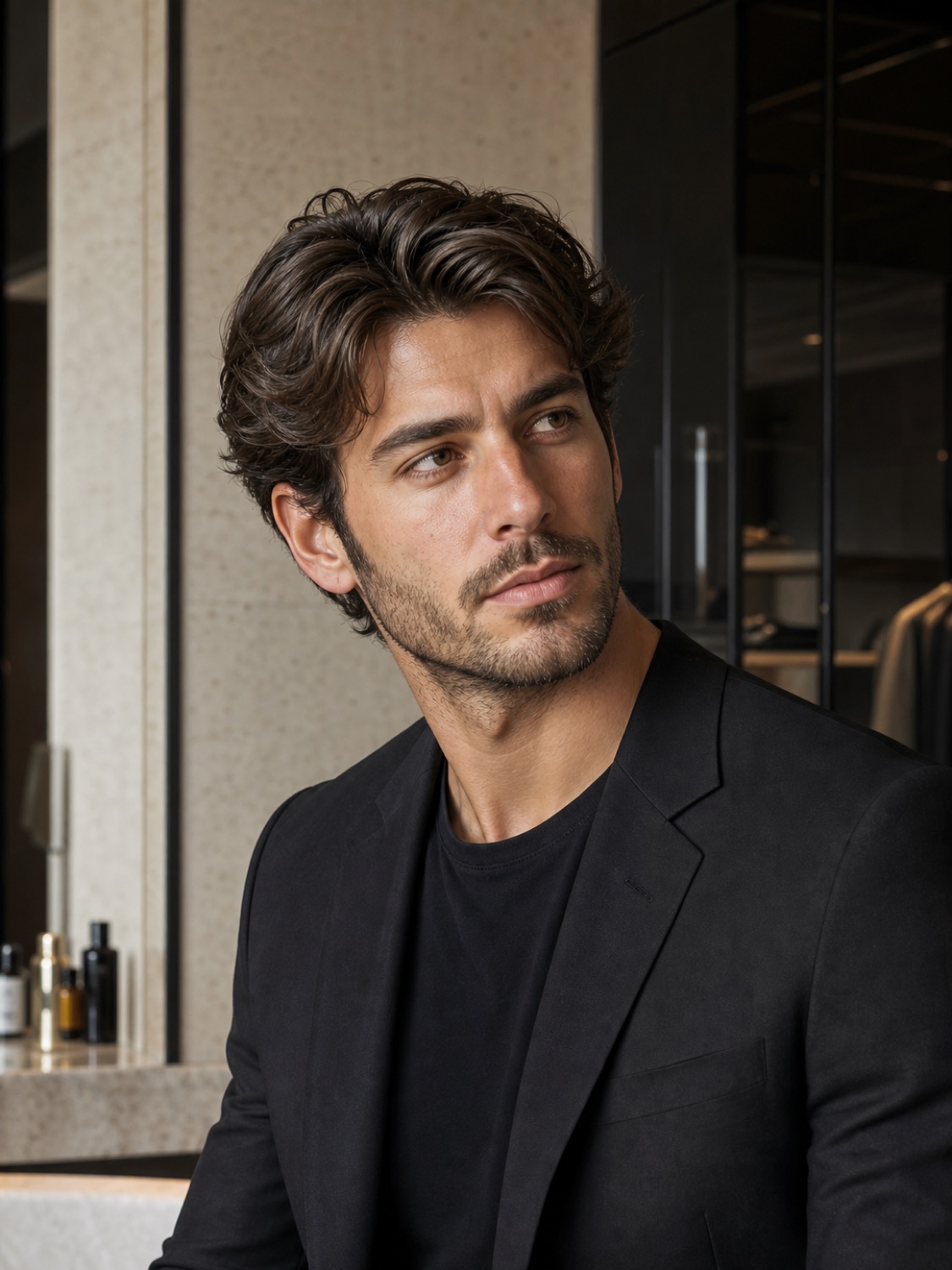 Italian editorial hair model in a Milan apartment
