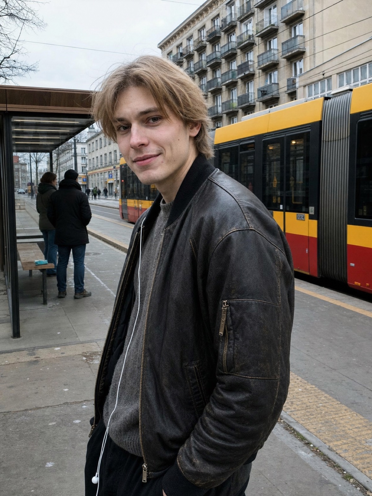 Young Polish man photographed at a Warsaw tram stop